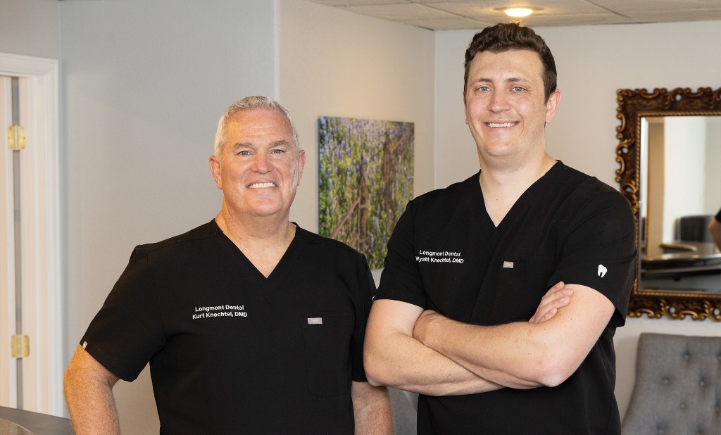 Dr. Kurt Knechtel and Dr. Wyatt Knechtel, father-and-son dentists at Longmont Dental in Longmont, Colorado